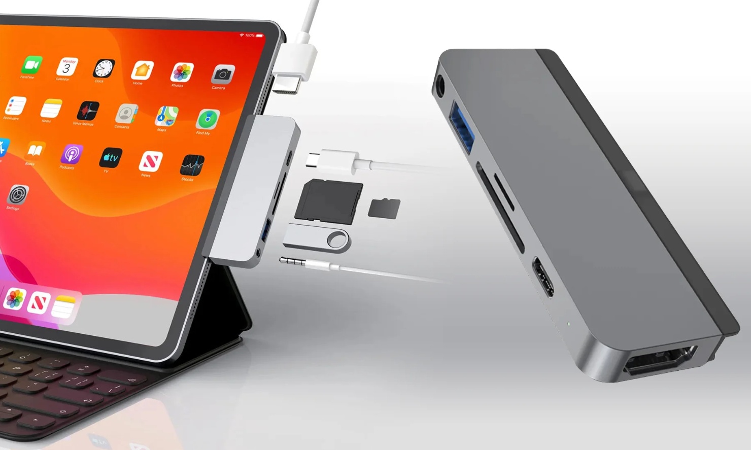 Suporte central para iPad em alumínio reforçado, compatível com o tablet e os cabos de conexão.