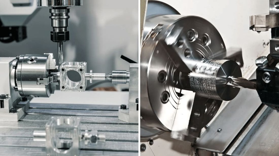 CNC turning spins material while milling shapes complex multi-axis parts