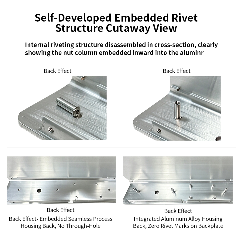 Schnittansicht der selbstentwickelten, eingebetteten Nietstruktur in einem Aluminium-Audiogehäuse
