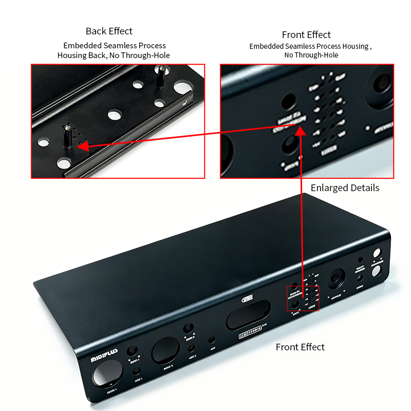 Fertiges, CNC-gefrästes Aluminium-Audiogehäuse mit nahtloser, flacher Rückplatte