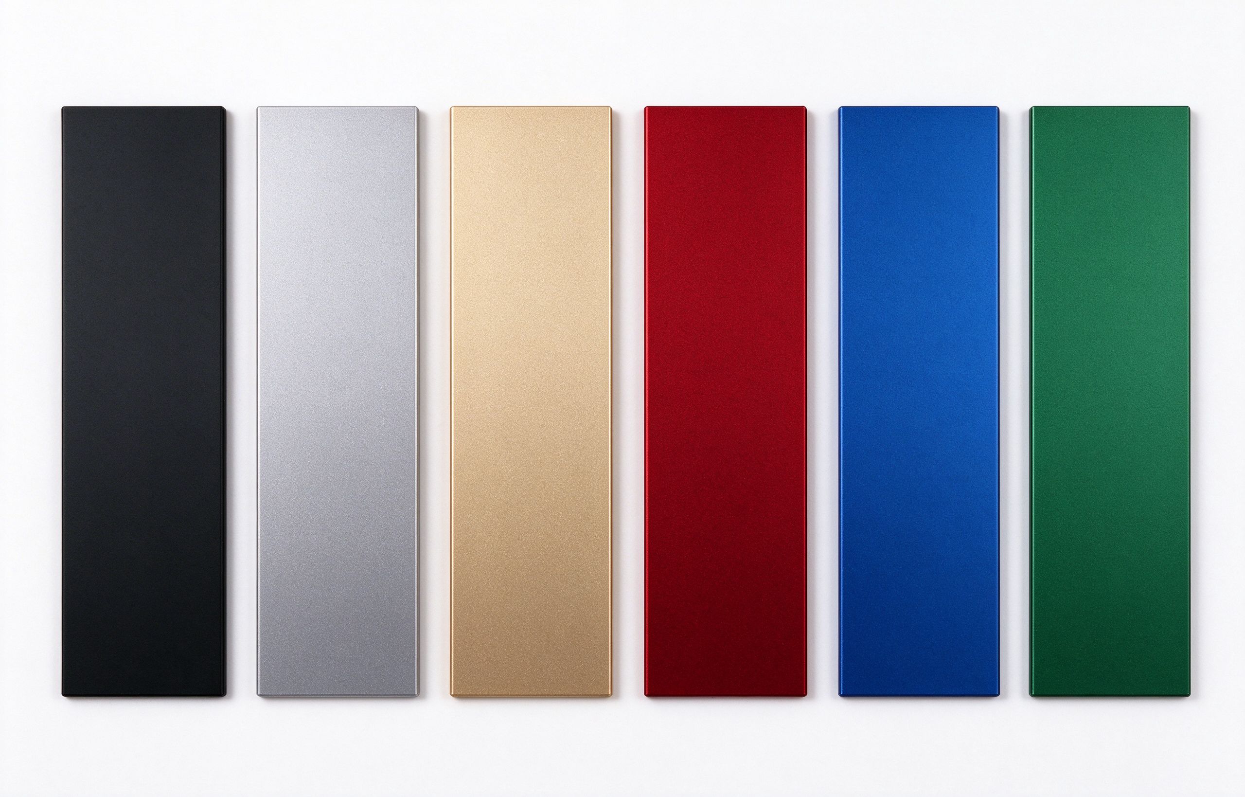 Anodized aluminum color swatches: black, silver, gold, red, blue, green