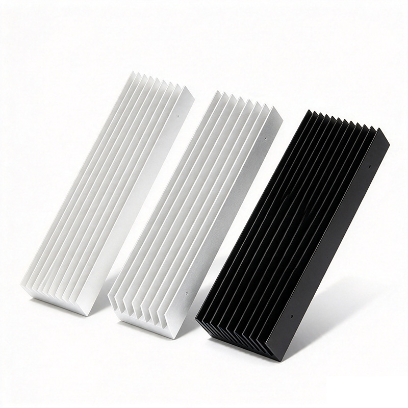 Aluminum extrusion heat sinks in black anodized and clear natural finishes