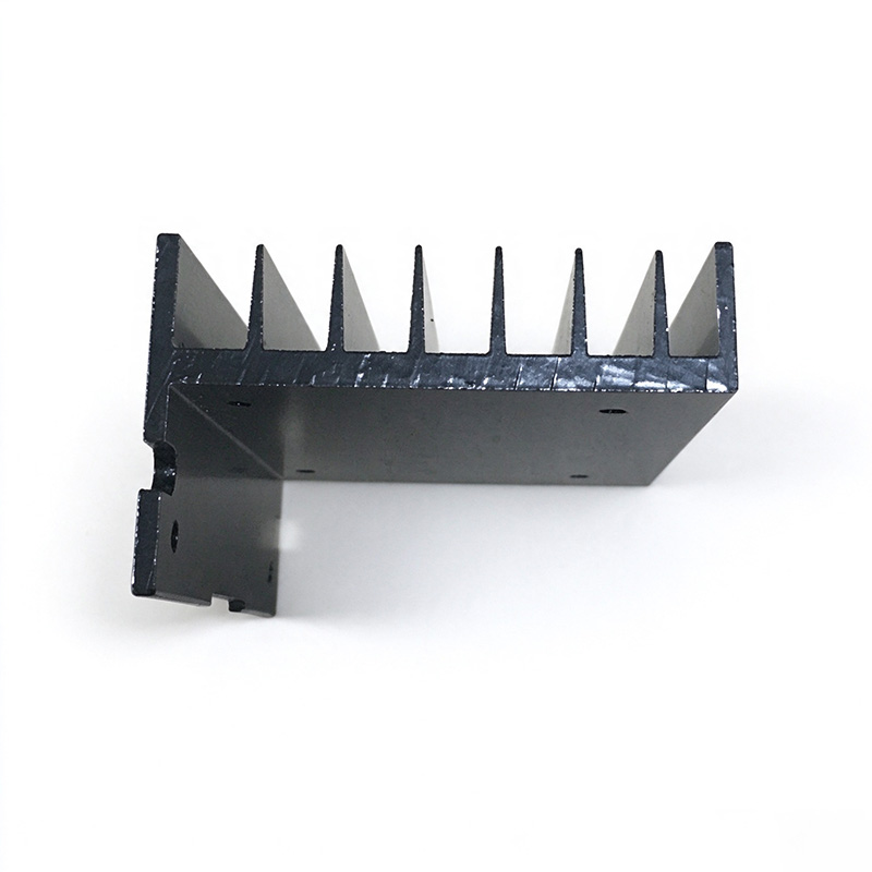 Black aluminum heat sink with mounting base and L-shaped section