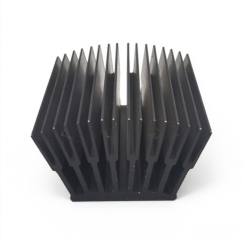 Black U-channel heat sink shown from the front fin profile