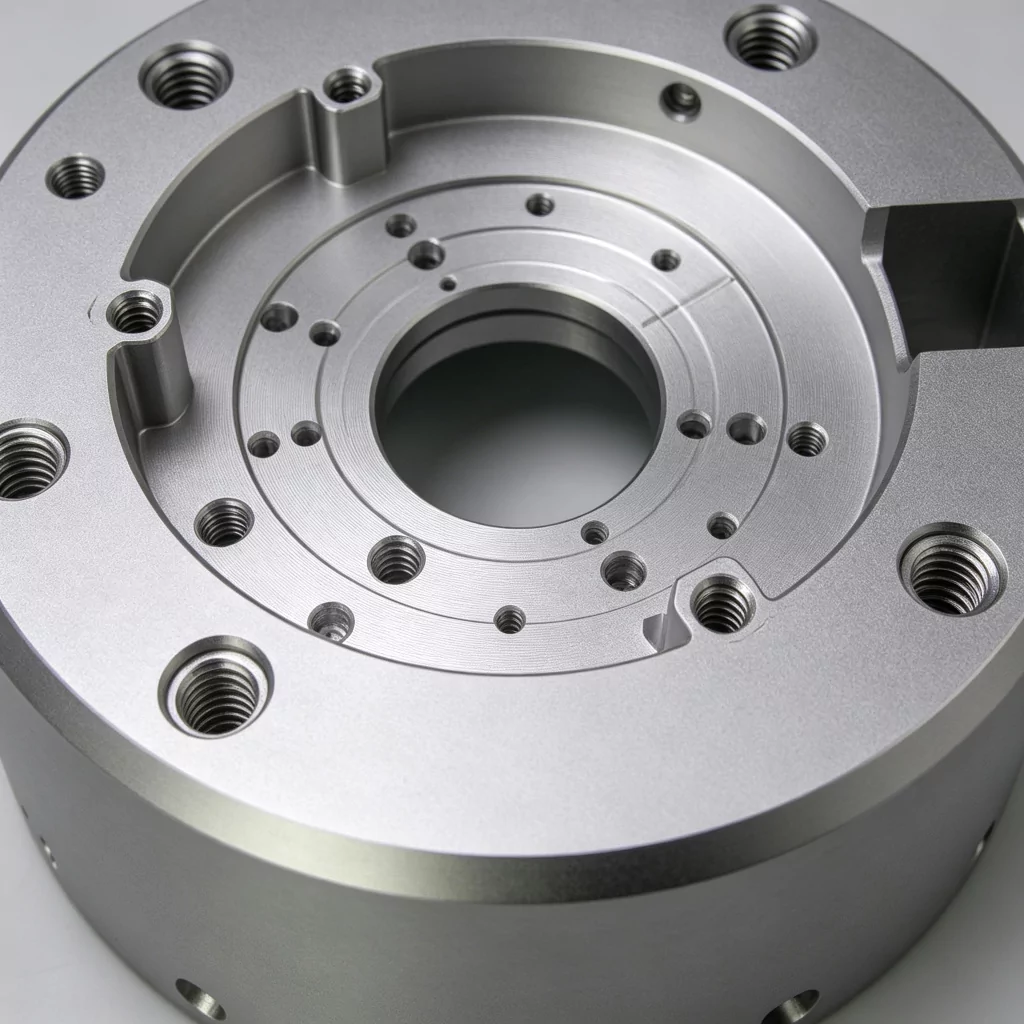 Close-up of precision threaded holes on CNC machined aluminum flange adapter