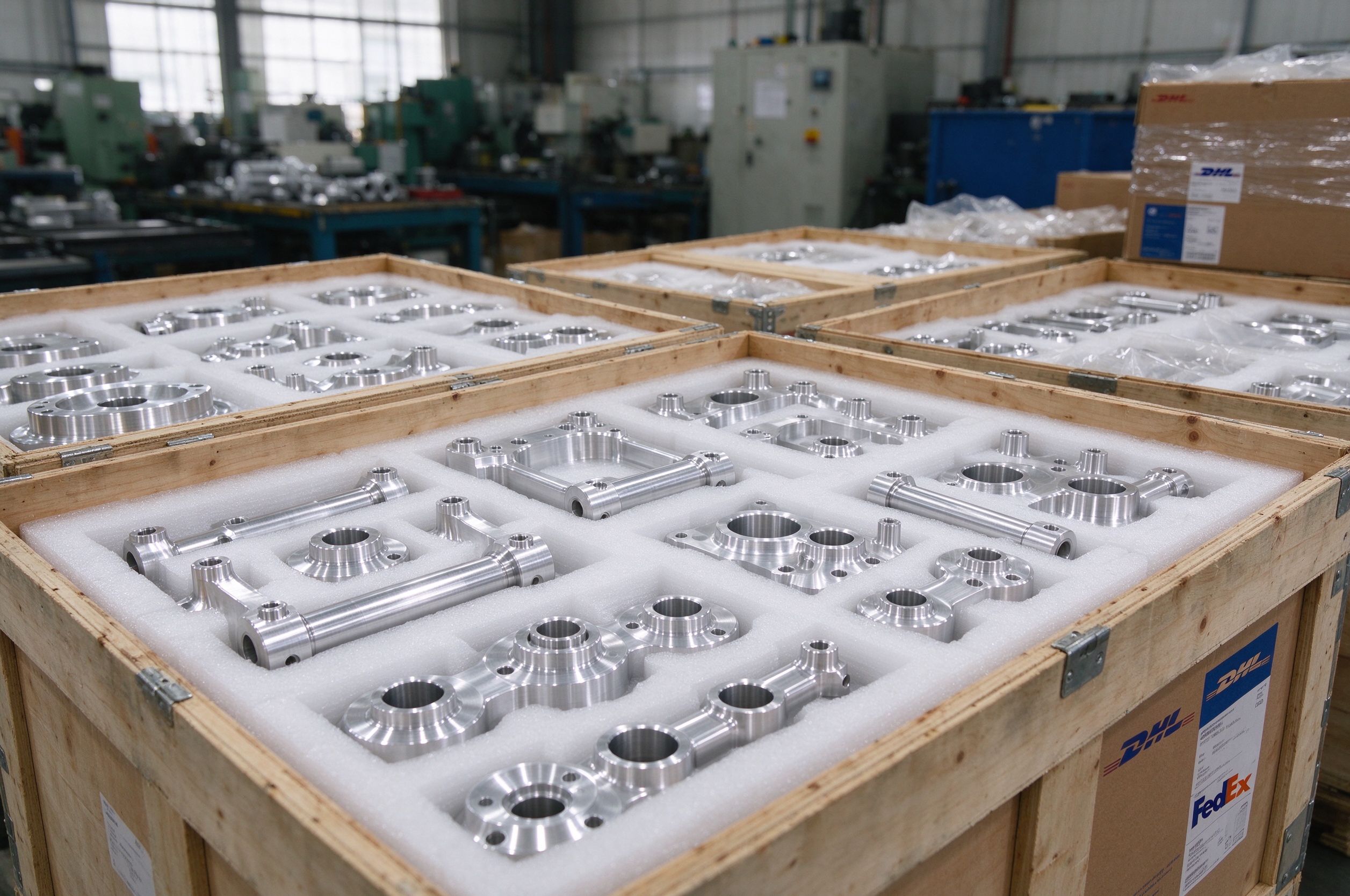 Precision CNC parts packed in foam-lined export crates ready for worldwide shipping