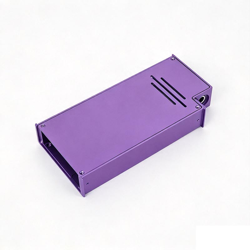 Purple anodized aluminum audio player chassis with ventilation slots