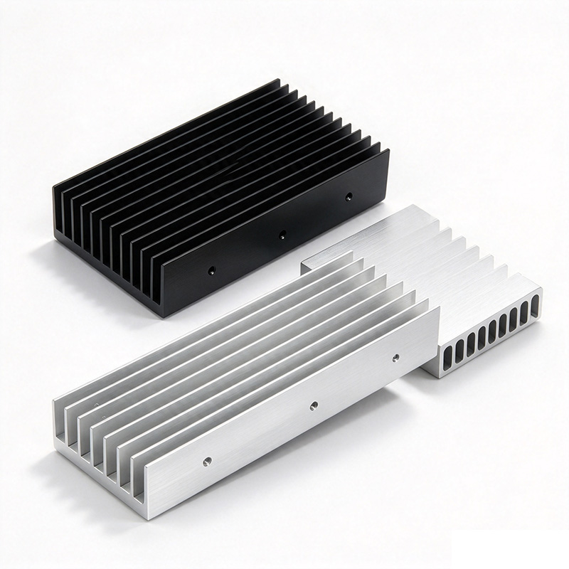 Rectangular aluminum heat sink with drilled mounting holes