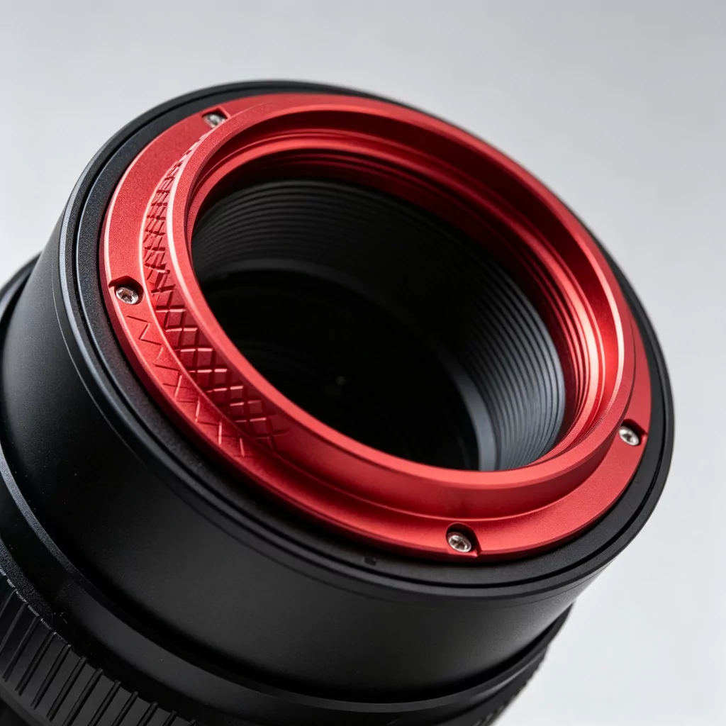 Red anodized knurled aluminum lens adapter with precision thread detail