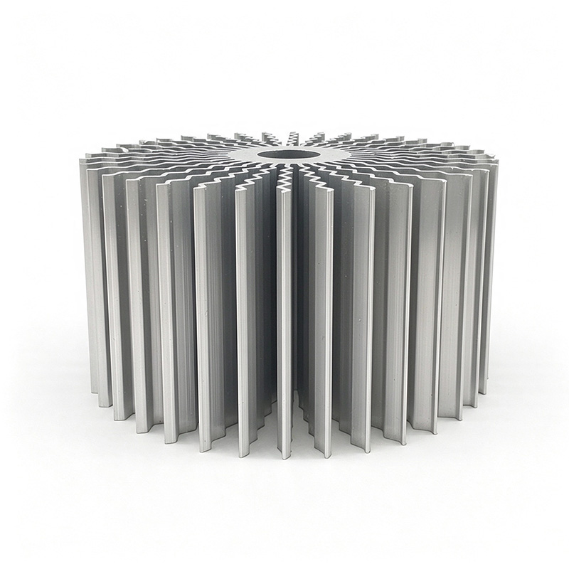 Round stacked-fin aluminum heat sink shown from the side