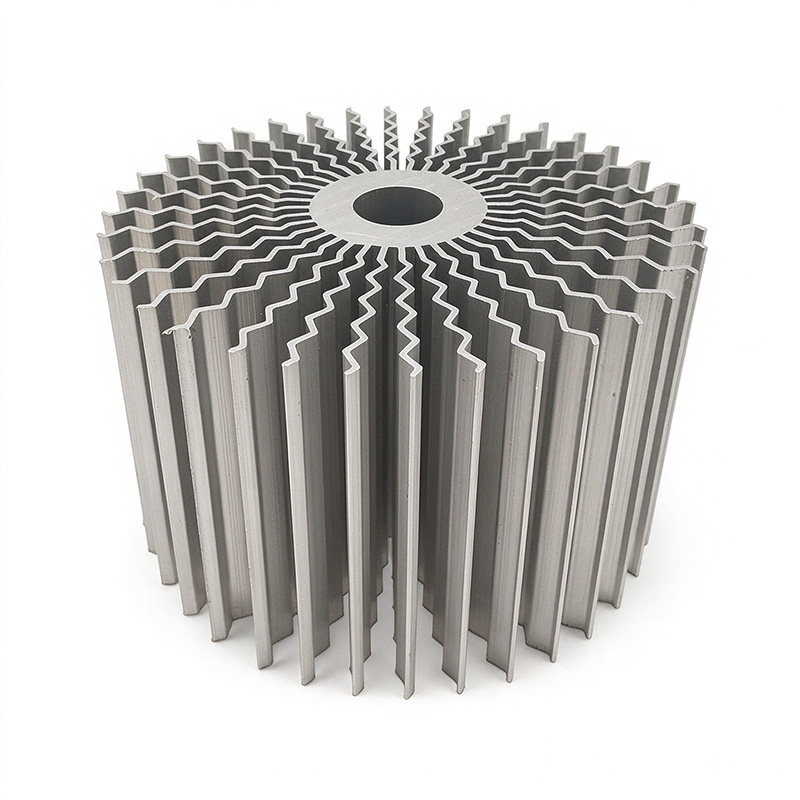 Tall stacked-fin radial aluminum heat sink shown from 3-4 angle