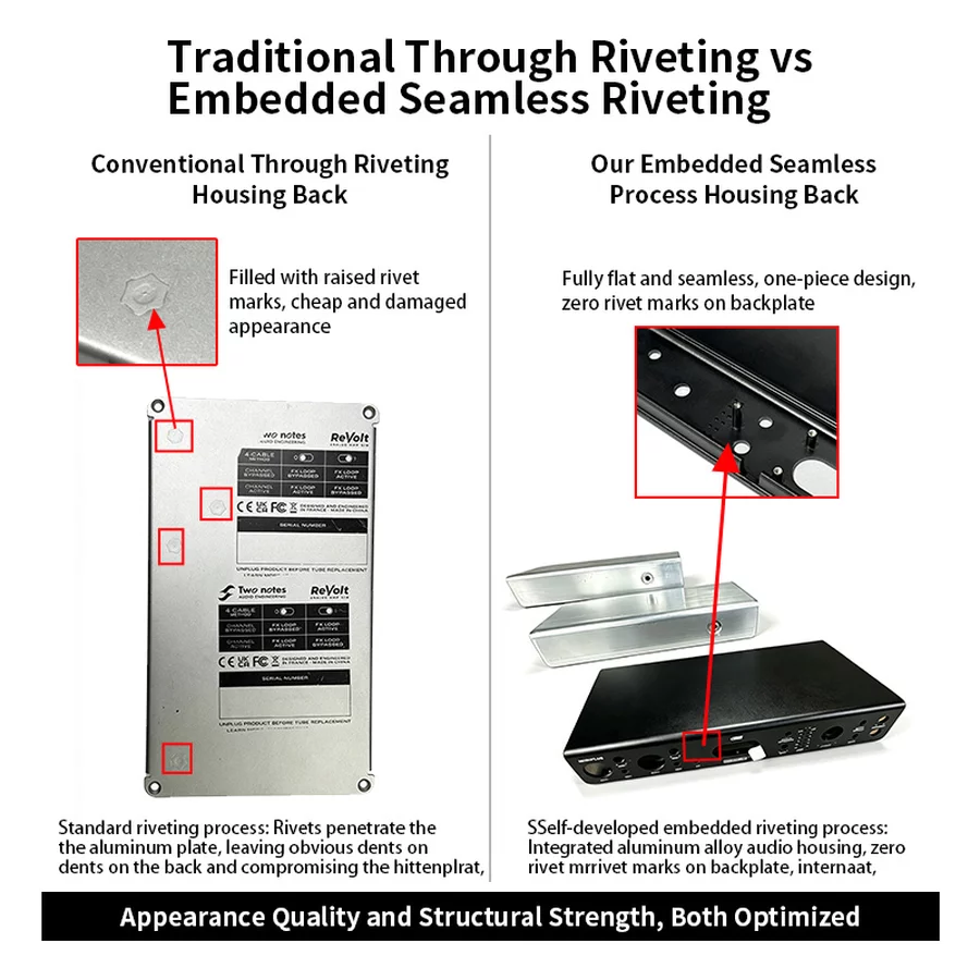 Traditional through riveting vs embedded seamless riveting on aluminum audio enclosure backplate